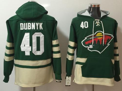 Wild #40 Devan Dubnyk Green Name & Number Pullover NHL Hoodie - Click Image to Close